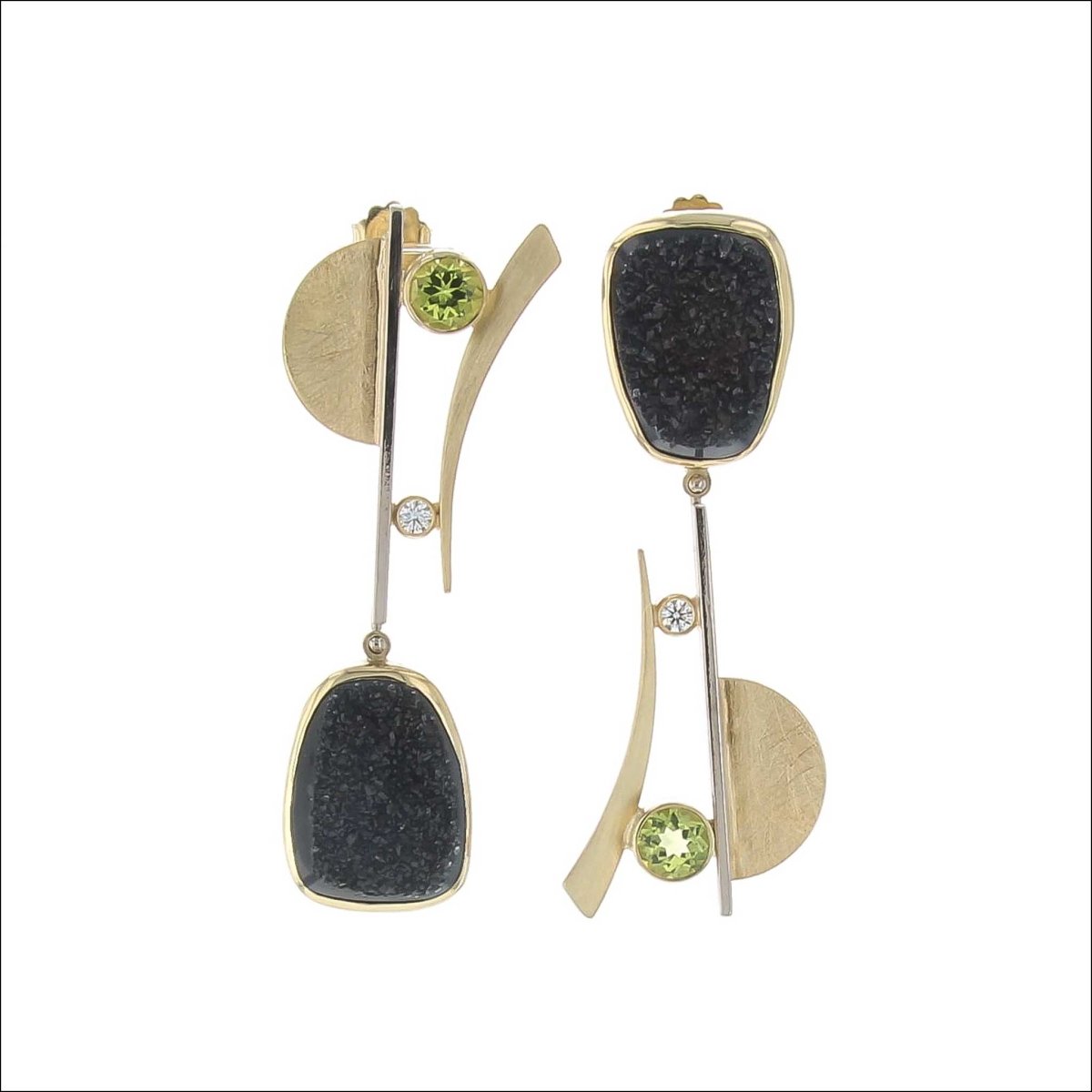 Black Druzy Peridot Diamond Asymmetrical Earrings 18KY 14KW (Consignment) - JewelsmithEarrings