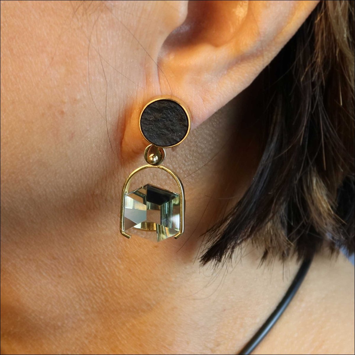 Black Jade Green Quartz Cube Earrings 18KY - JewelsmithEarrings