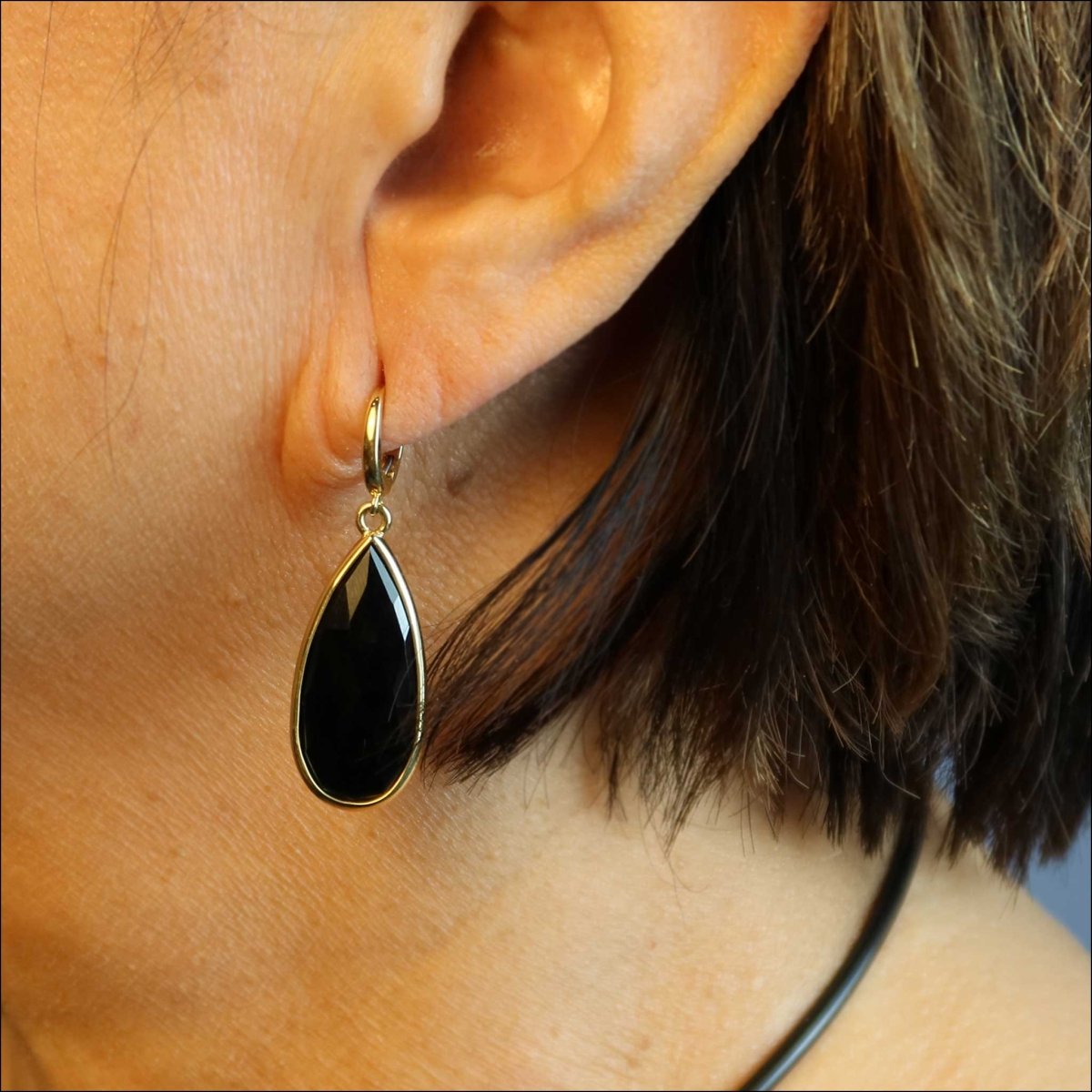 Black Onyx Teardrop Lever Back Earrings 18KY - JewelsmithEarrings