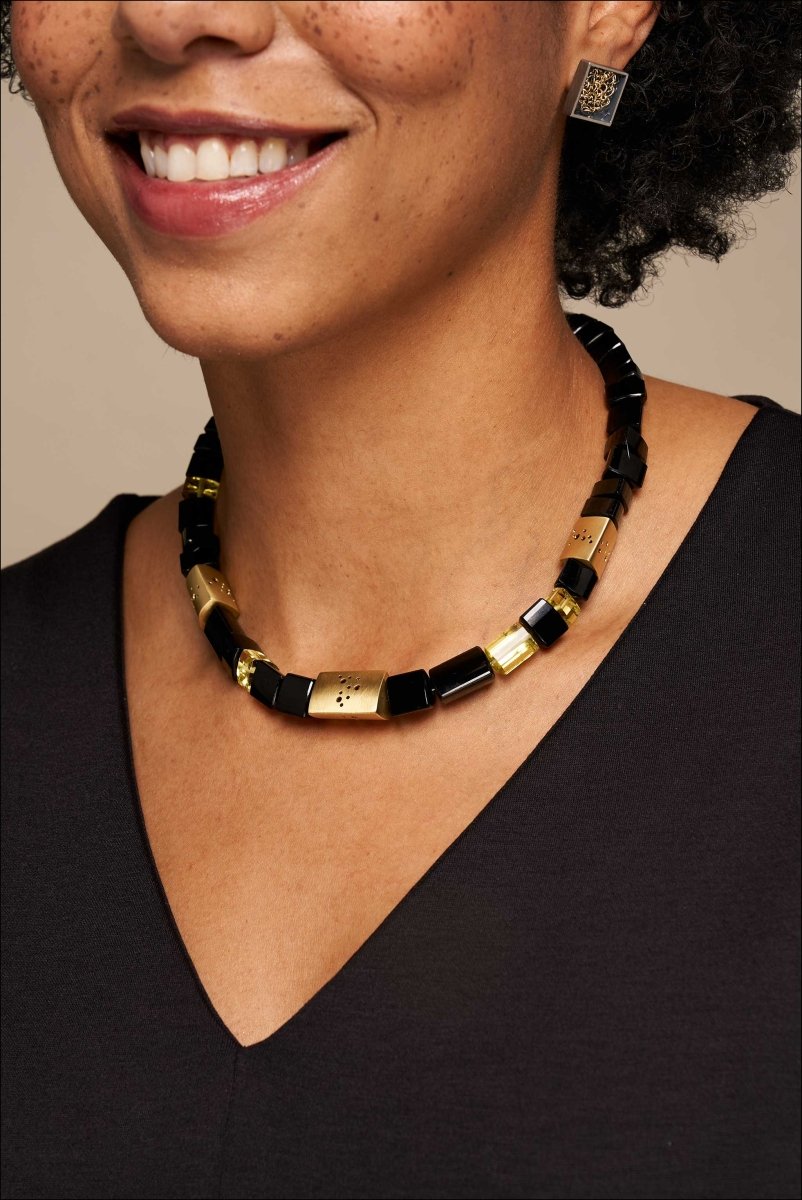 Black Tourmaline Lemon Quartz Bead Strand Necklace 18KY 17" - JewelsmithNecklaces