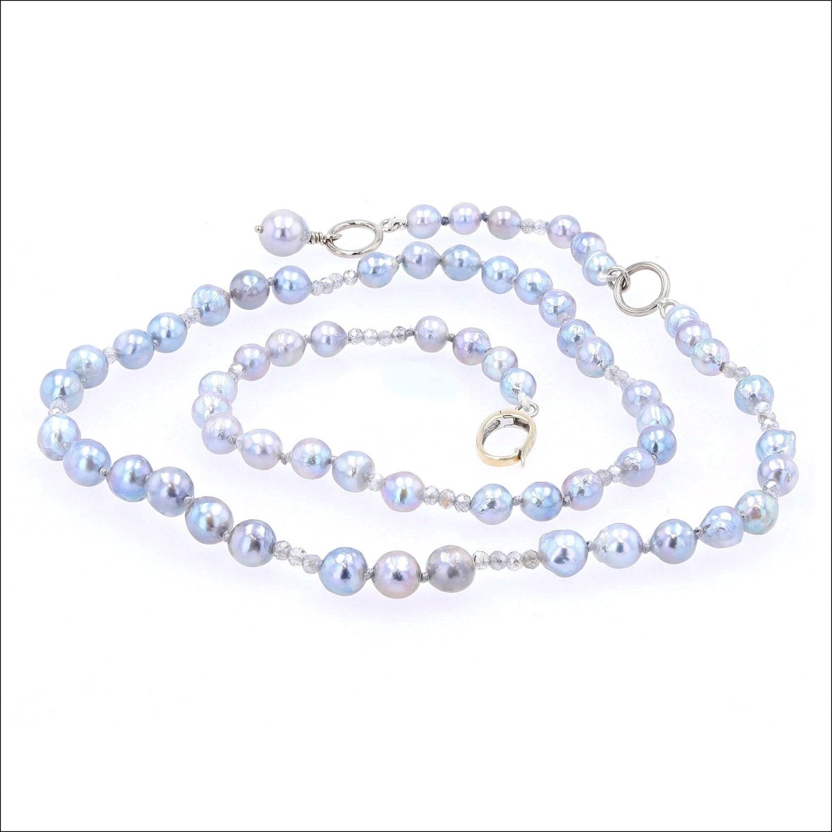 Blue Akoya Pearl Labradorite Bead Necklace 14KW 18" Adjustable to 20" - JewelsmithNecklaces