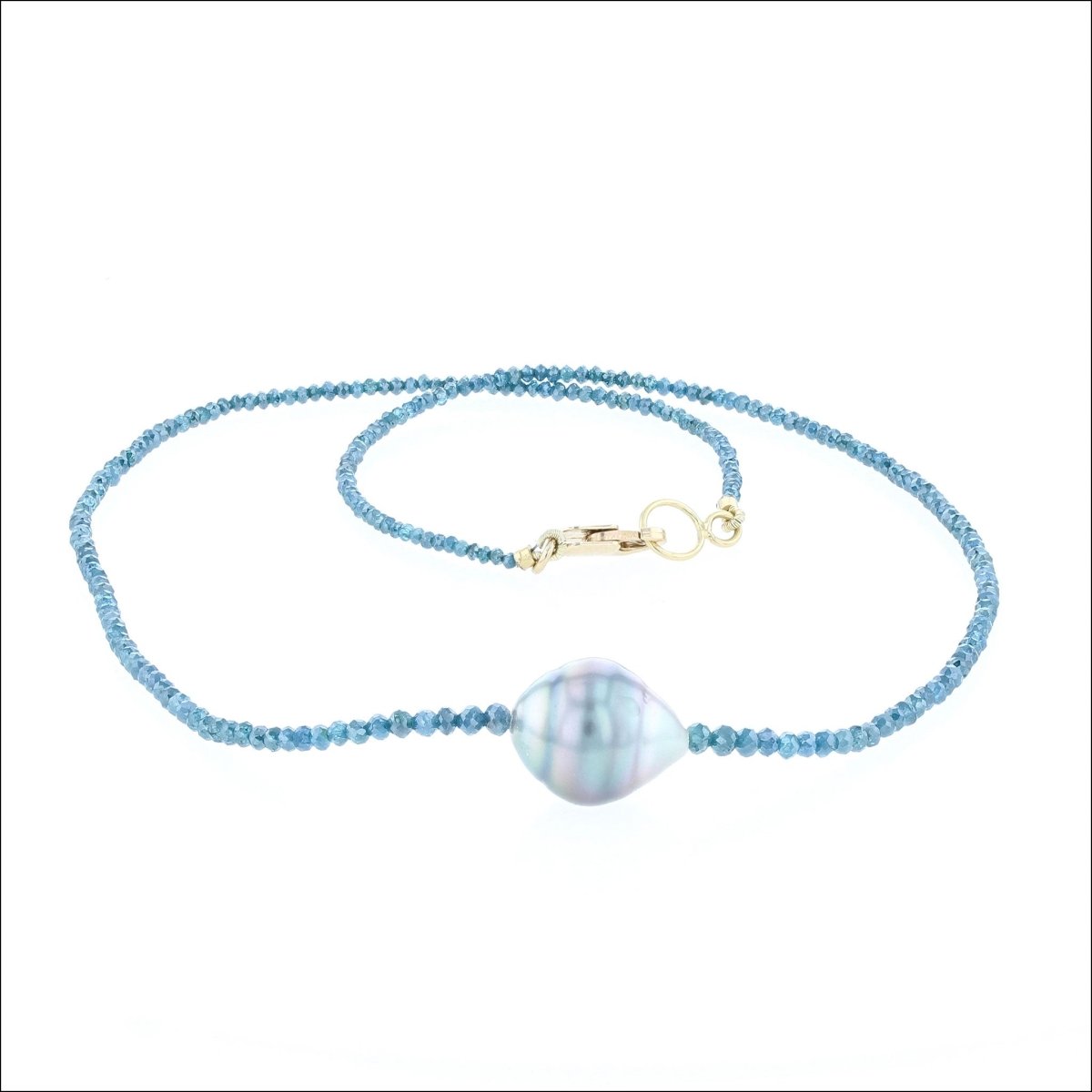 Blue Diamond Bead Strand Necklace with Blue Tahitian Pearl 16.5" 14KY - JewelsmithNecklaces