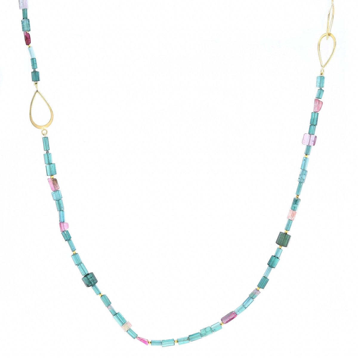 Blue Indicolite and Pink Tourmaline Forged Shapes Bead Strand Necklace 18KY 27" - JewelsmithNecklaces