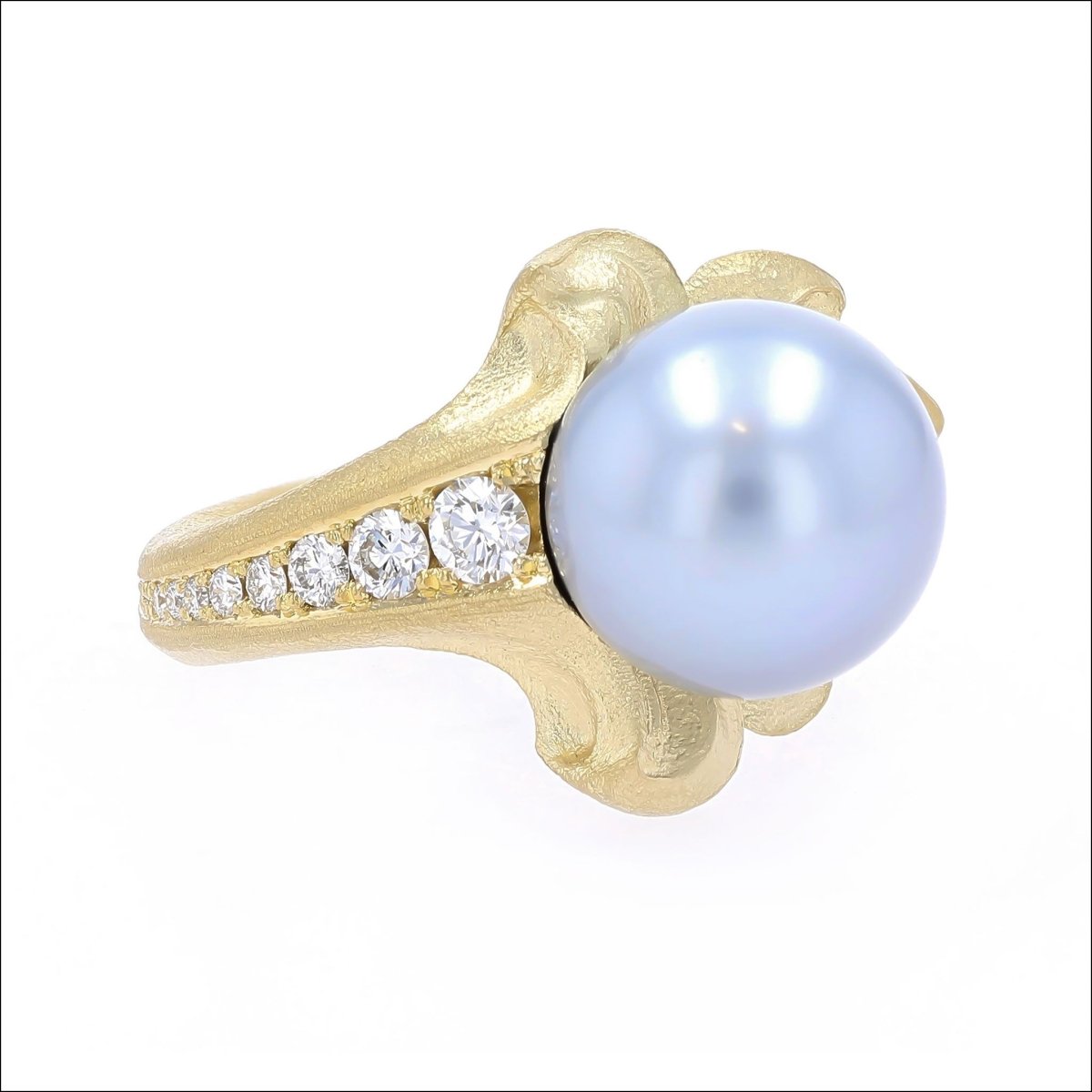 Blue Tahitian Pearl Diamond Leaf Ring 18KY - Jewelsmith - Durham NC - Handcrafted - Rings