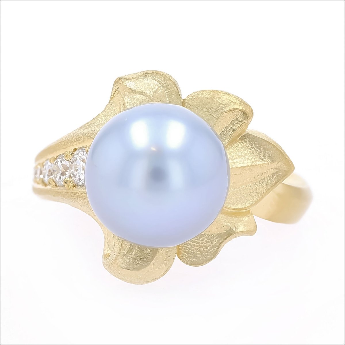 Blue Tahitian Pearl Diamond Leaf Ring 18KY - Jewelsmith - Durham NC - Handcrafted - Rings