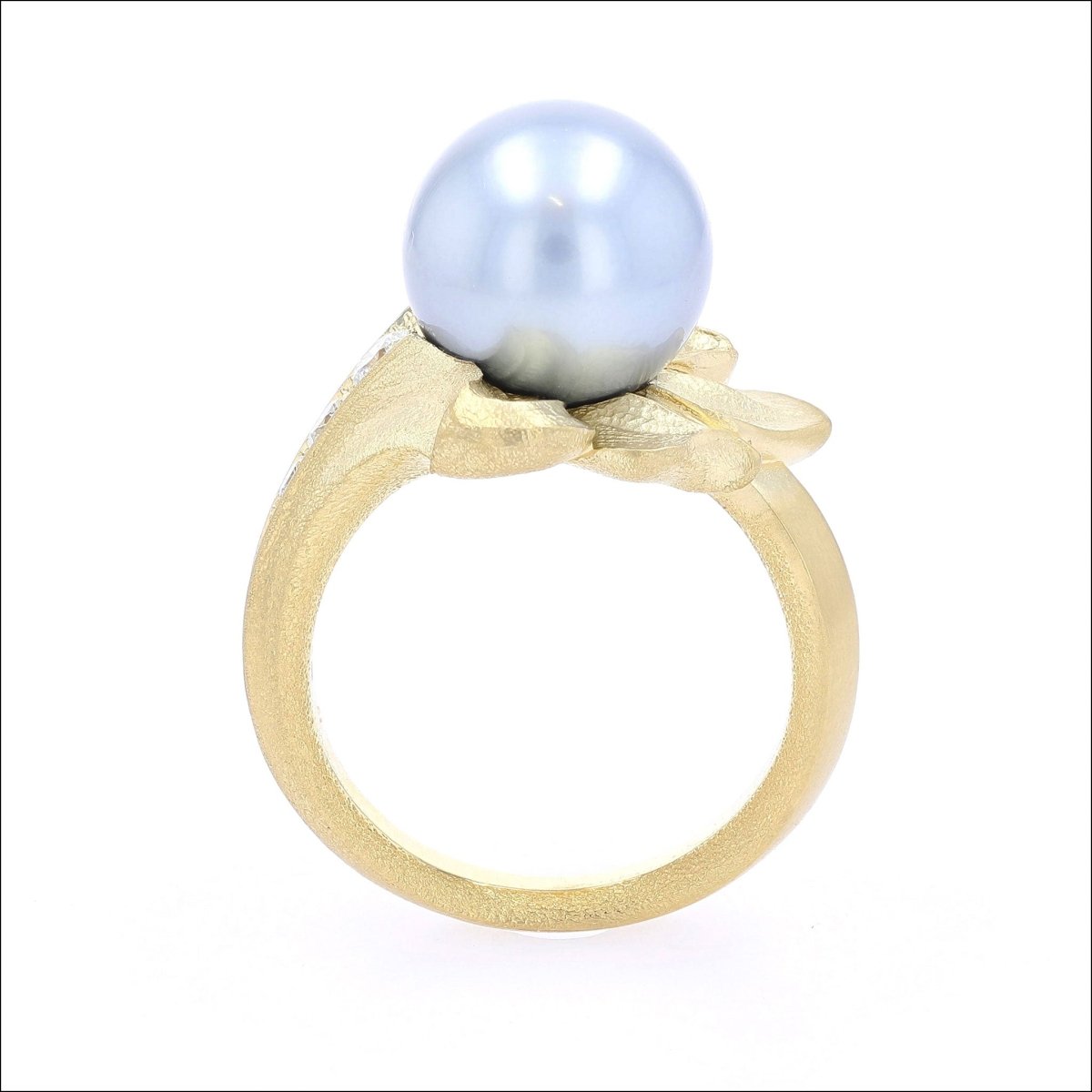 Blue Tahitian Pearl Diamond Leaf Ring 18KY - Jewelsmith - Durham NC - Handcrafted - Rings