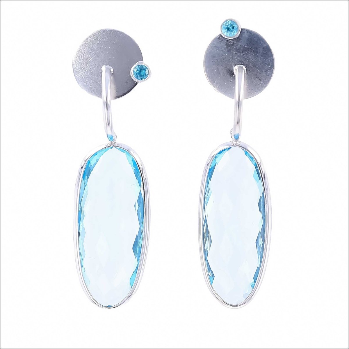 Blue Topaz Double Checkerboard Oval and Blue Zircon Disc Earrings 14KW - JewelsmithEarrings