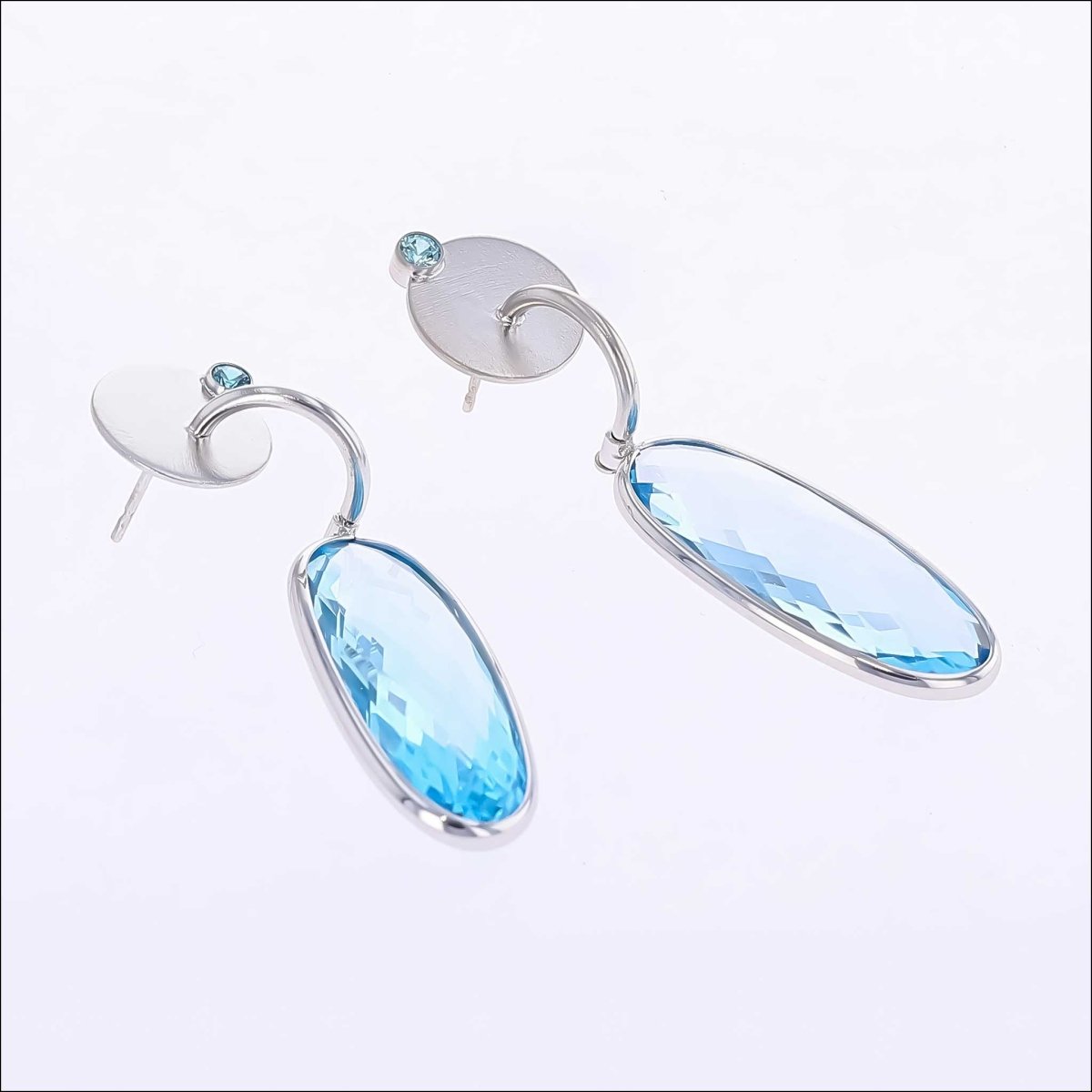 Blue Topaz Double Checkerboard Oval and Blue Zircon Disc Earrings 14KW - JewelsmithEarrings