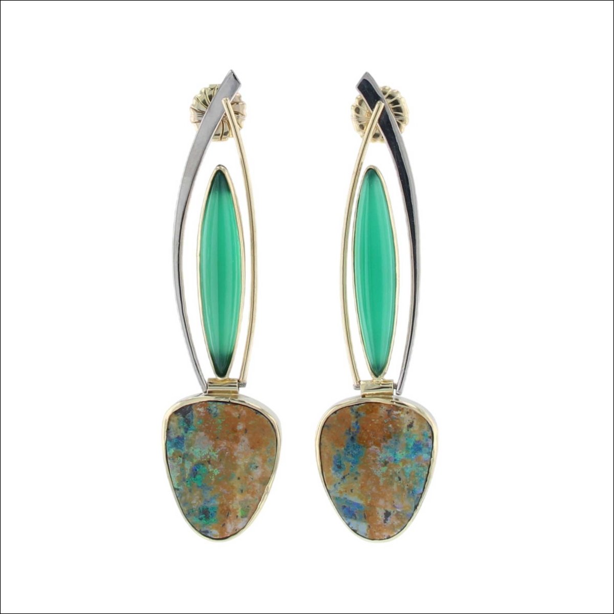 Boulder Opal Chalcedony Swinging Earrings 18KY 18KW (Consignment) - Jewelsmith - Durham NC - Handcrafted - Earrings
