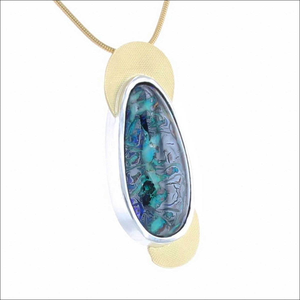Boulder Opal Textured Sheet Pendant 18KY Sterling Silver - Jewelsmith - Durham NC - Handcrafted - Pendants