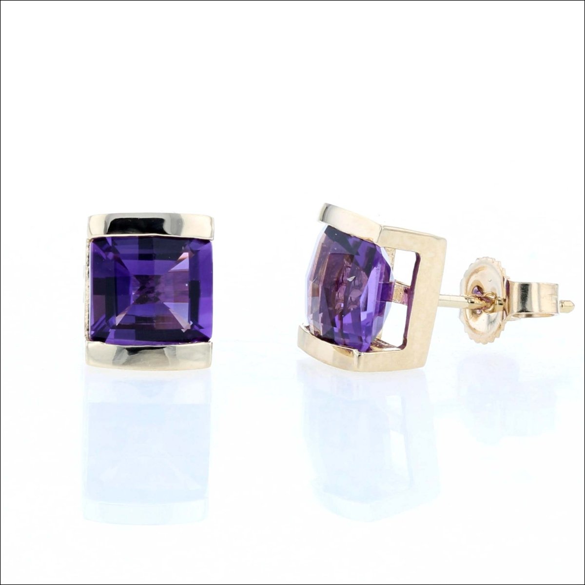 Checkerboard Cushion Amethyst Stud Earrings 18KY (Consignment) - JewelsmithEarrings