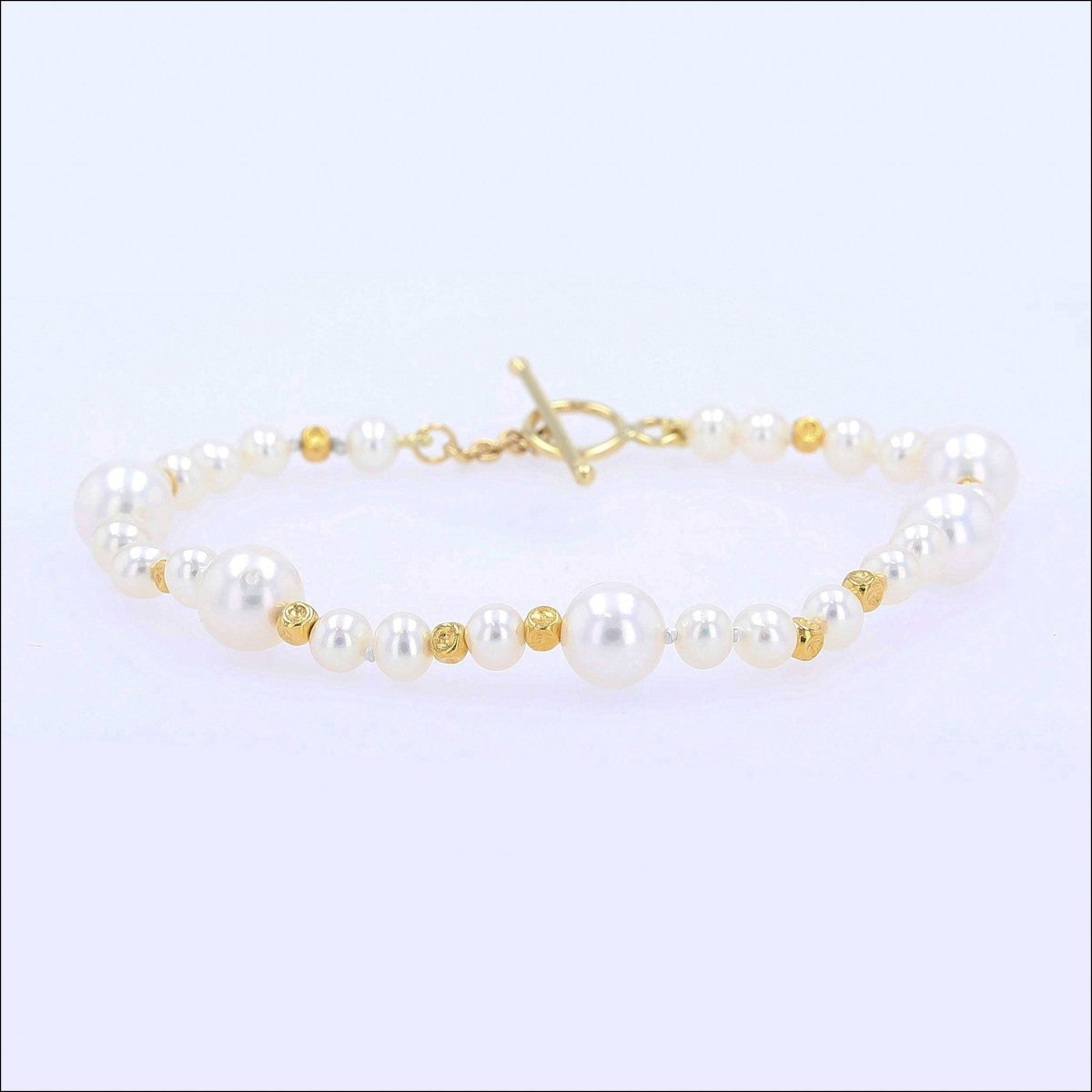 Chinese Freshwater Pearl Strand with Gold Beads Bracelet 18KY 8" - Jewelsmith - Durham NC - Handcrafted - Bracelets