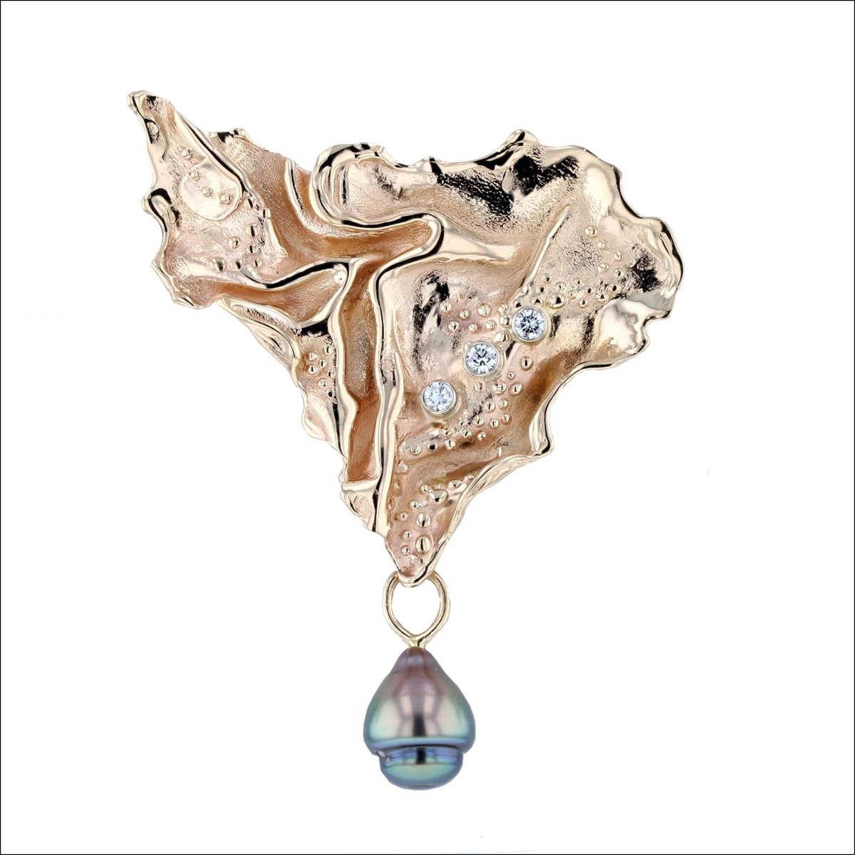 Crinkle Tahitian Pearl Diamond Brooch 14KY (Removable Pearl) (Consignment) - JewelsmithBrooches