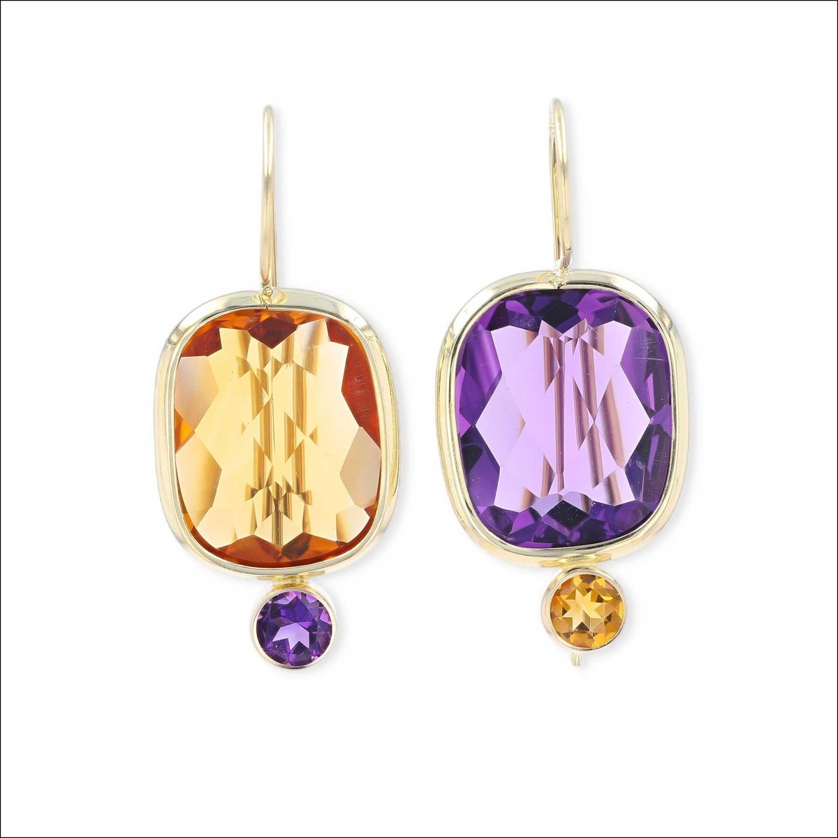 Cushion and Round Amethyst and Citrine Dangle Earrings 18KY - Jewelsmith - Durham NC - Handcrafted - Earrings