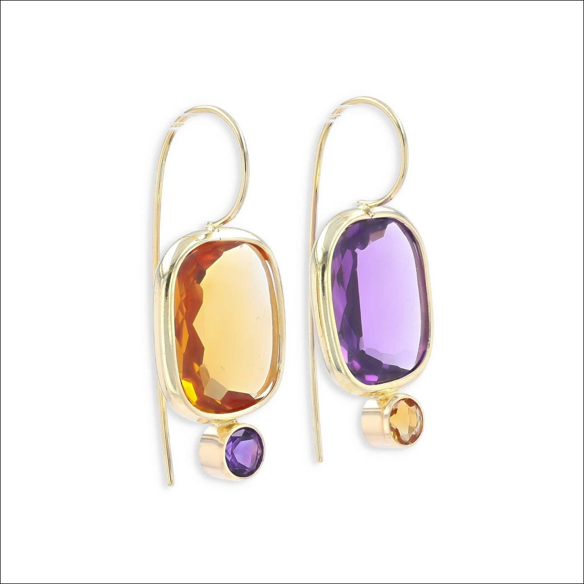 Cushion and Round Amethyst and Citrine Dangle Earrings 18KY - Jewelsmith - Durham NC - Handcrafted - Earrings