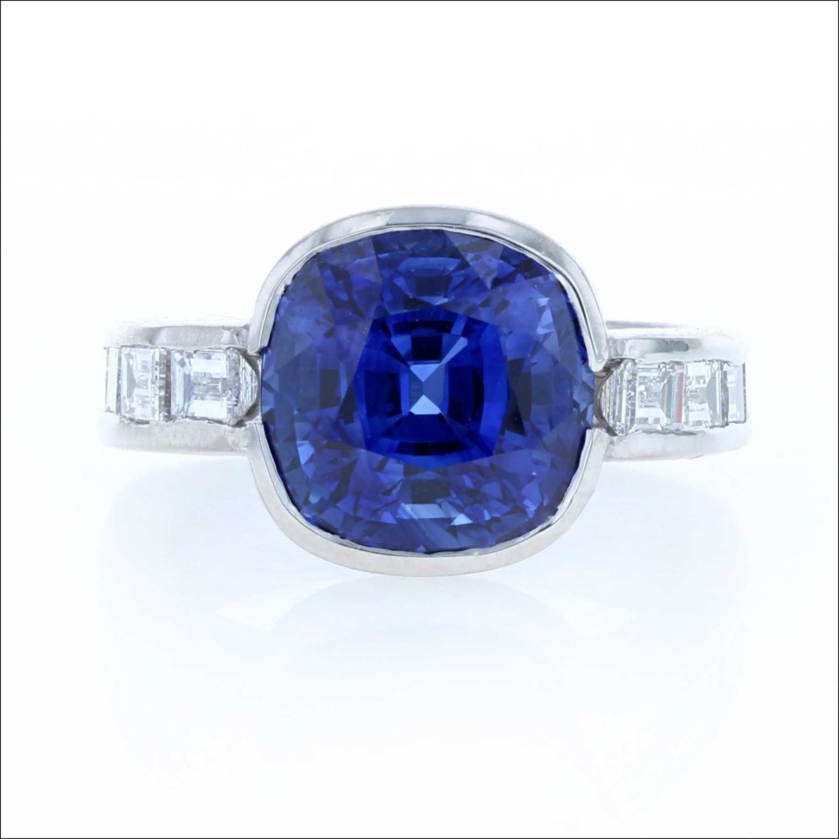 Cushion Sapphire Baguette Diamond Floating Bezel Ring Platinum (Consignment) - JewelsmithRings