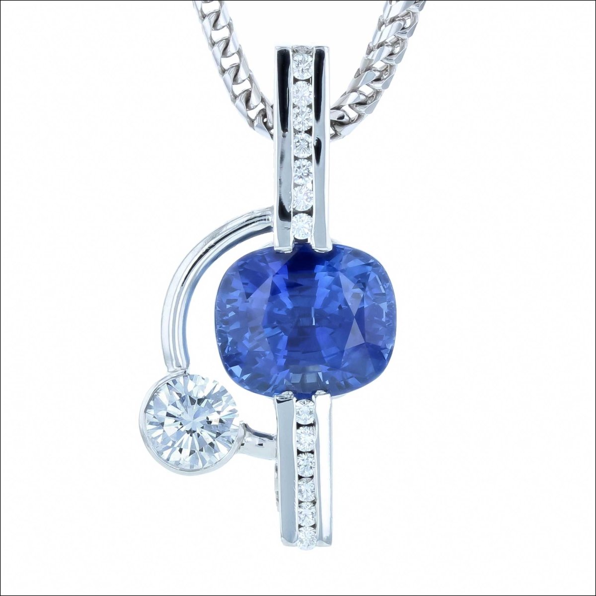 Cushion Sapphire Diamond Pendant Platinum (Consignment) - JewelsmithPendants