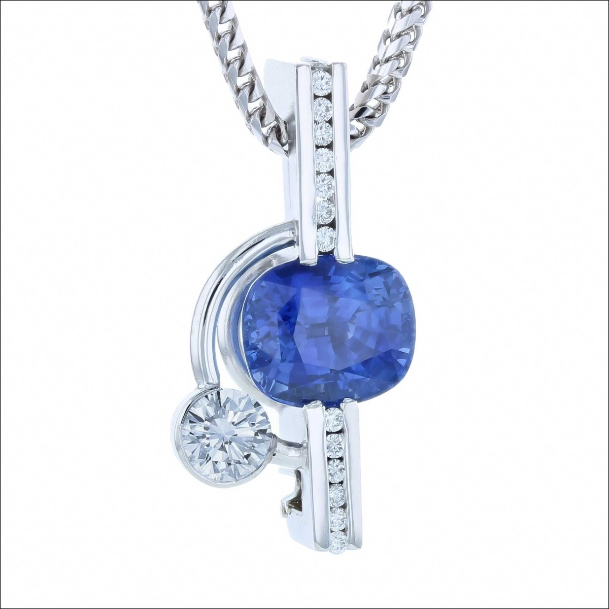 Cushion Sapphire Diamond Pendant Platinum (Consignment) - JewelsmithPendants