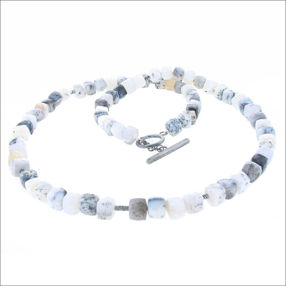 Dendritic Opal Cube Bead Strand Necklace 21.5" Sterling Silver - JewelsmithNecklaces