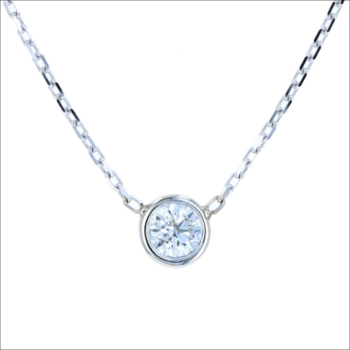 Diamond Bezel Solitaire Necklace 14KW on Cable Chain 16/18" - JewelsmithPendants