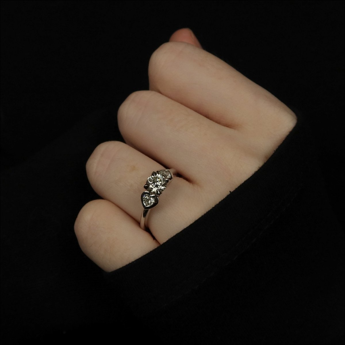 Diamond Engagement Ring Round Center with Heart Shaped Sides 14KW - Jewelsmith - Durham NC - Handcrafted - Engagement Rings