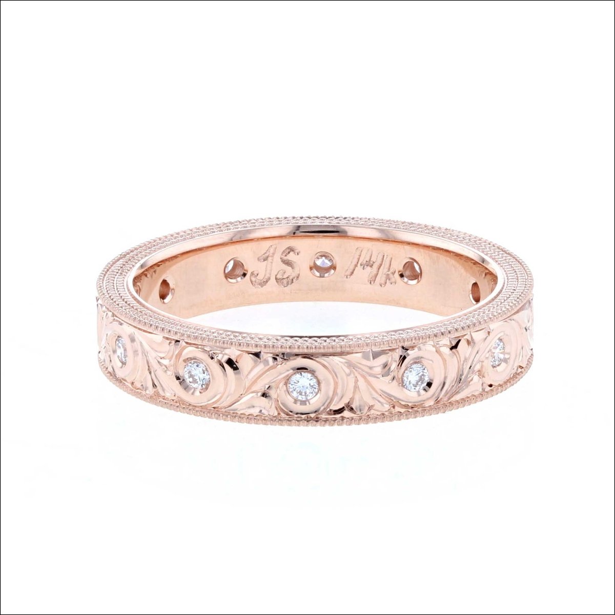 Diamond Hand Engraved Milgrain Scroll Eternity Band 14K Rose - JewelsmithBands