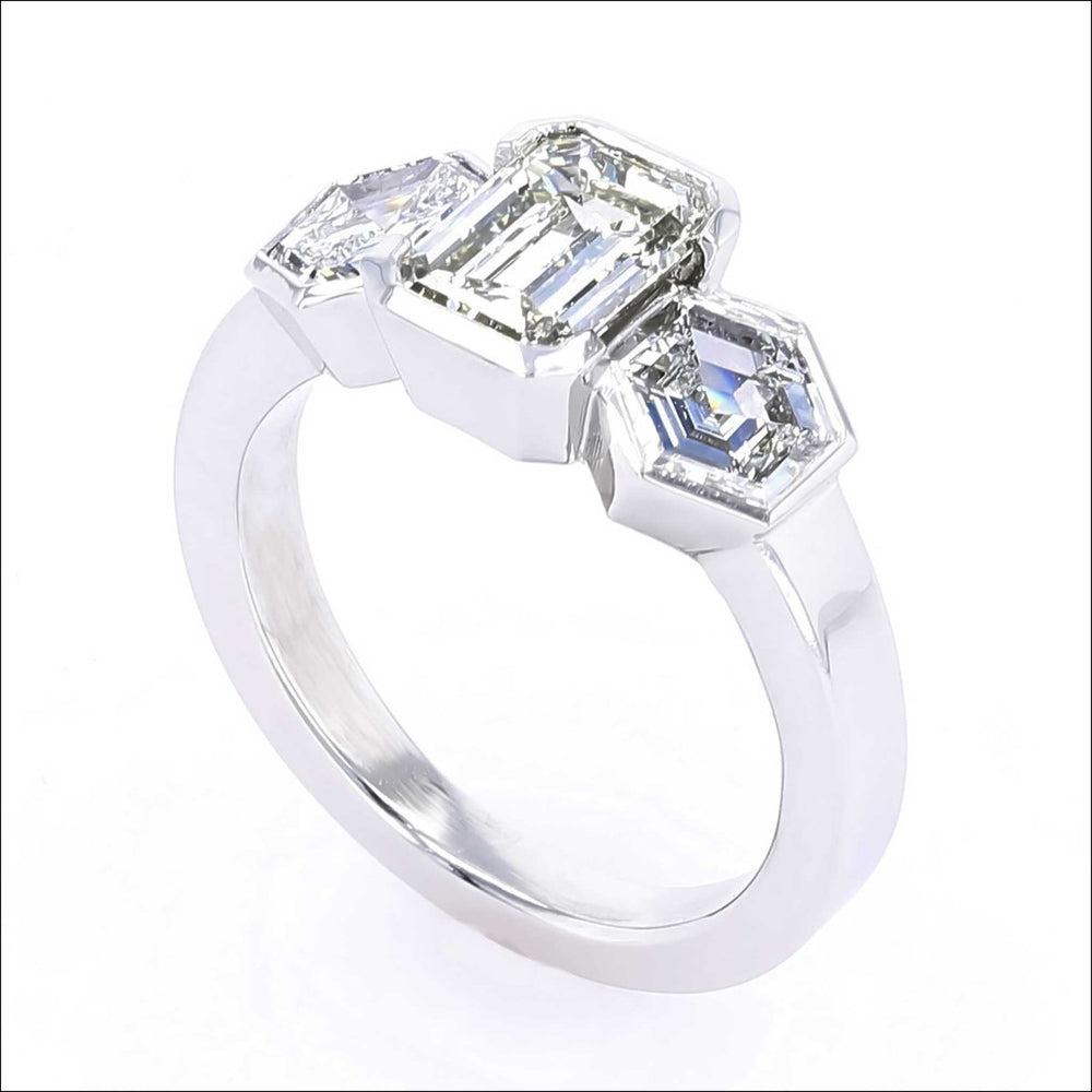 Emerald Cut and Hex Cut 3-Stone Diamond Engagement Ring in Platinum ...