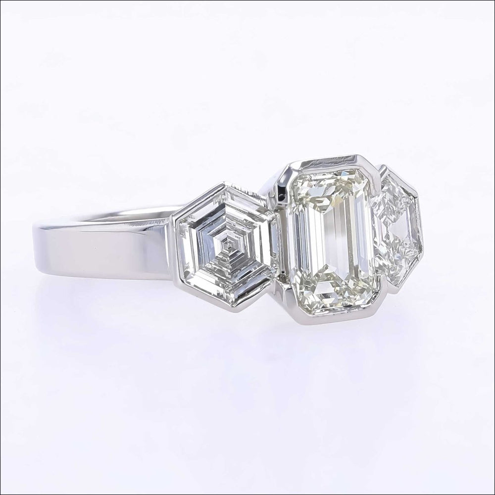 Emerald Cut and Hex Cut 3-Stone Diamond Engagement Ring in Platinum ...
