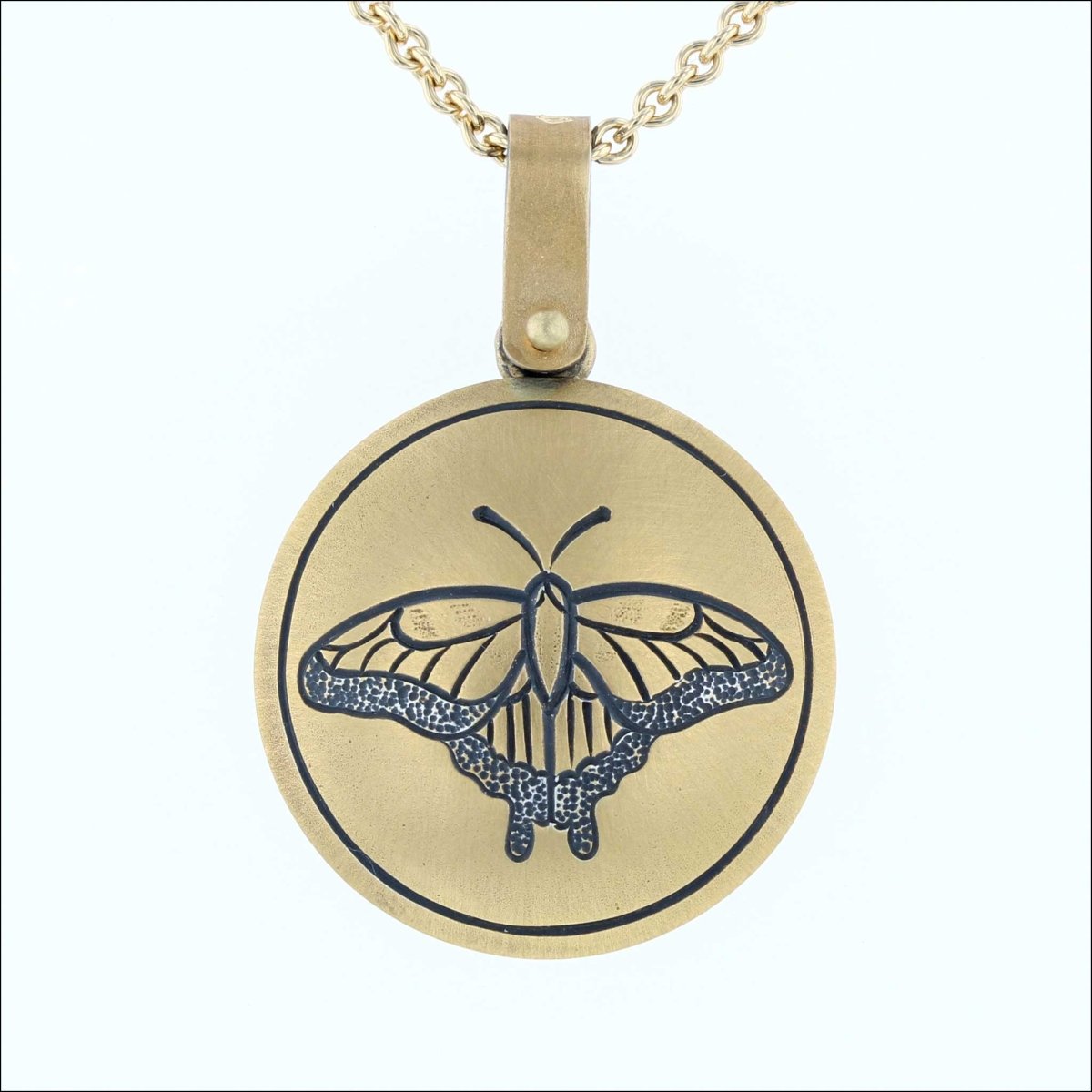 "Eno Collection" Butterfly and Flower Reversible Hand Engraved Pendant 22KY/Sterling Silver Bimetal - JewelsmithPendants