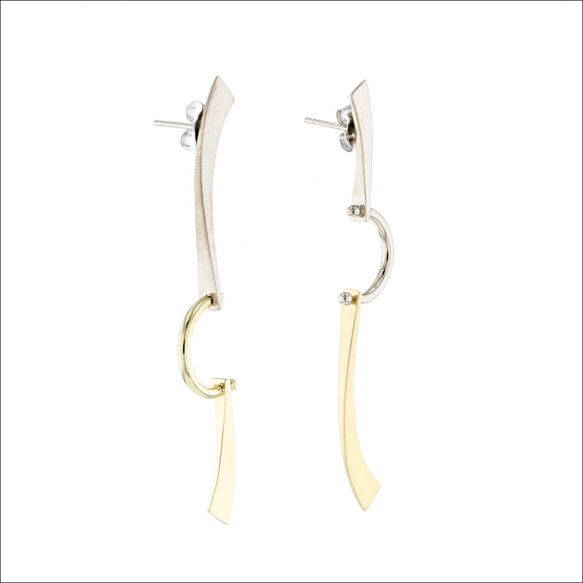 Forged Asymmetrical C - Swing Dangle Earrings 18KY 14KW - Jewelsmith - Durham NC - Handcrafted - Earrings