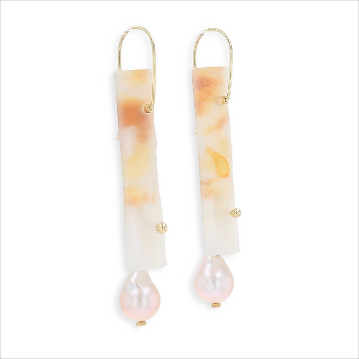 Fossilized Bamboo Chinese Freshwater Pearl Dangle Earrings 18KY - Jewelsmith - Durham NC - Handcrafted - Earrings