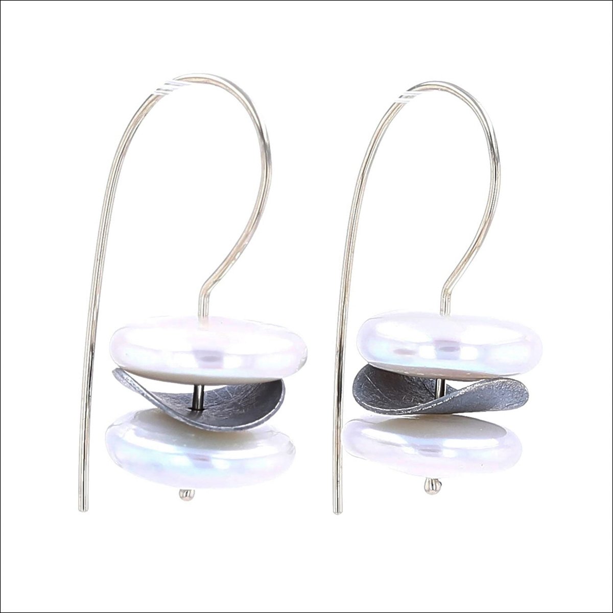 Freshwater Coin Pearl Wavy Disc Wire Earrings Sterling Silver 14KW - JewelsmithEarrings