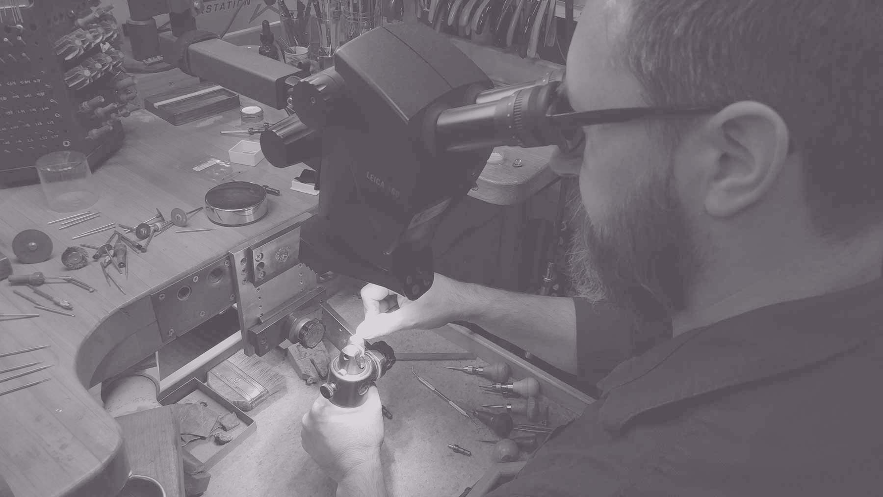 goldsmith Patrick King working at the jewelers bench on a ring