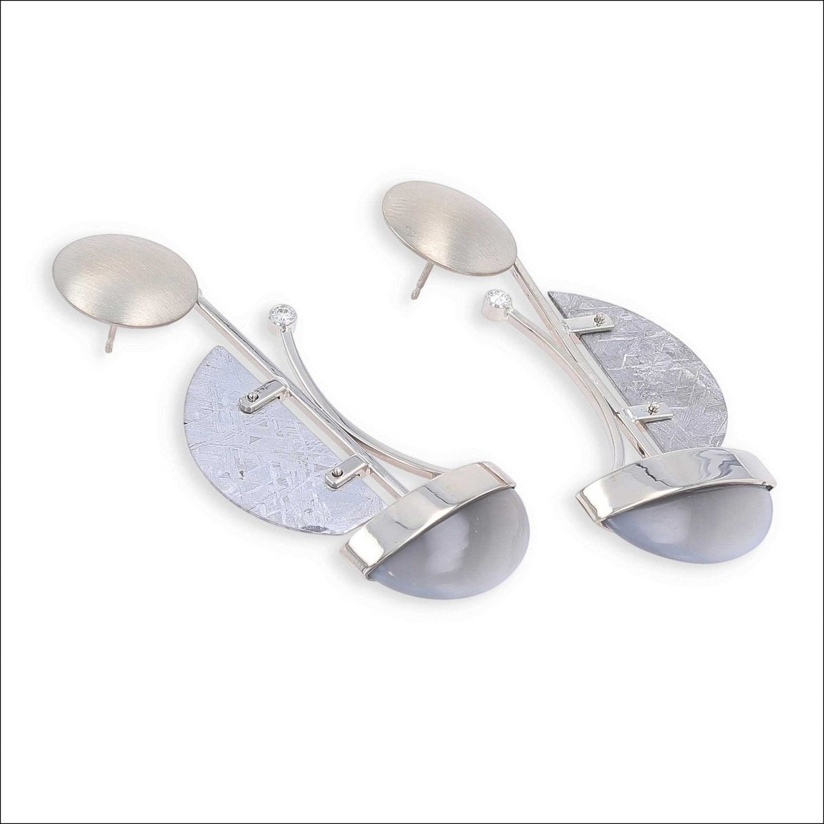 Gray Moonstone Diamond Meteorite Disc Earrings 14KW - Jewelsmith - Durham NC - Handcrafted - Earrings