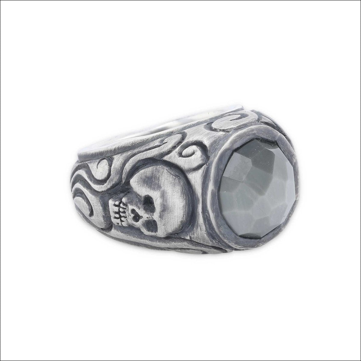 Gray Quartz Skull and Swirl Ring Sterling Silver - JewelsmithRings