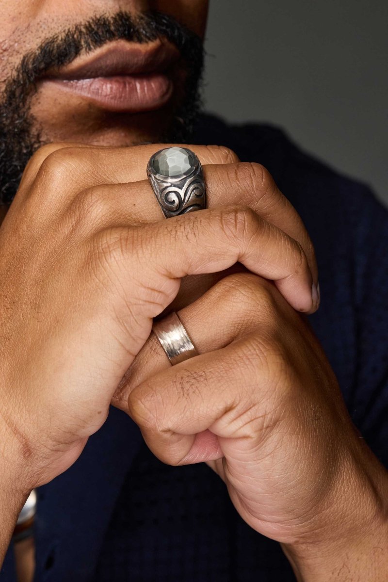 Gray Quartz Skull and Swirl Ring Sterling Silver - Jewelsmith - Durham NC - Handcrafted - Rings
