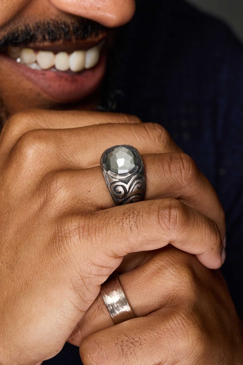 Gray Quartz Skull and Swirl Ring Sterling Silver - Jewelsmith - Durham NC - Handcrafted - Rings