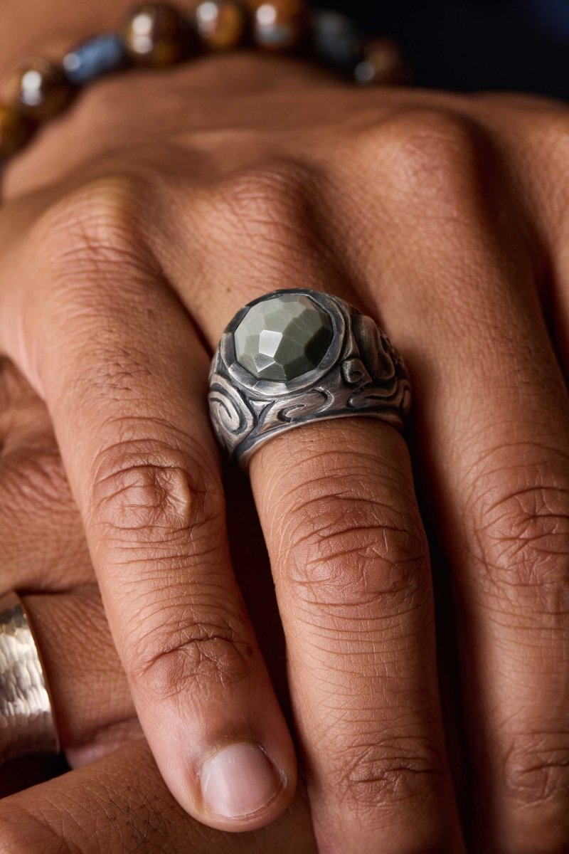 Gray Quartz Skull and Swirl Ring Sterling Silver - Jewelsmith - Durham NC - Handcrafted - Rings