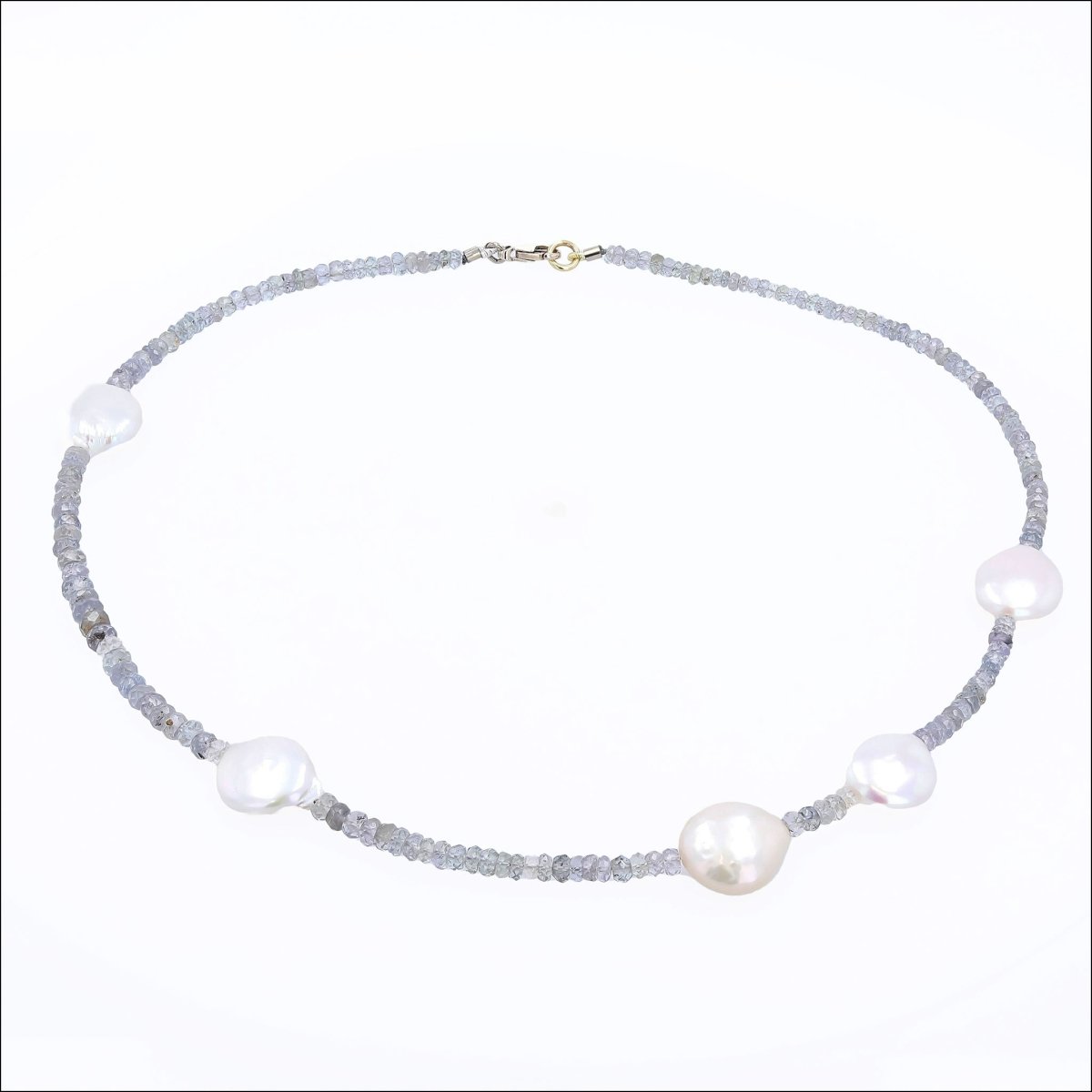 Gray Spinel Bead Strand Necklace with White Freshwater Coin Pearl Accents 16" 18KY 14KW - JewelsmithNecklaces