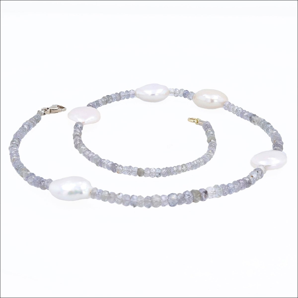 Gray Spinel Bead Strand Necklace with White Freshwater Coin Pearl Accents 16" 18KY 14KW - JewelsmithNecklaces