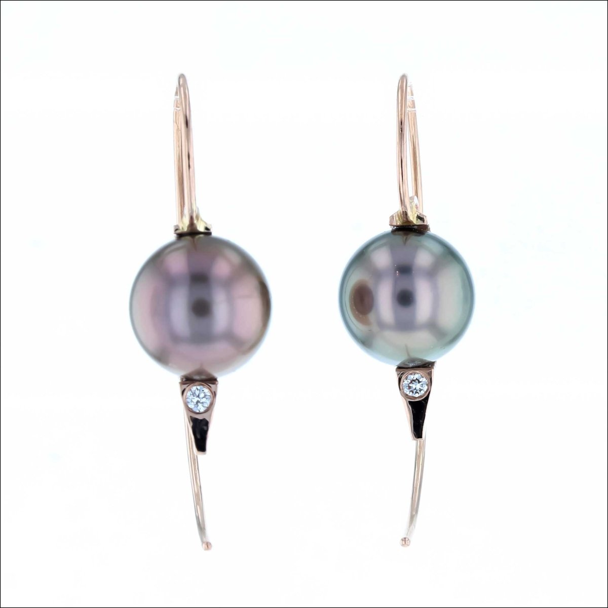 Gray Tahitian Pearl Curved Matrix Wire Earrings 14K Rose - Jewelsmith - Durham NC - Handcrafted - Earrings