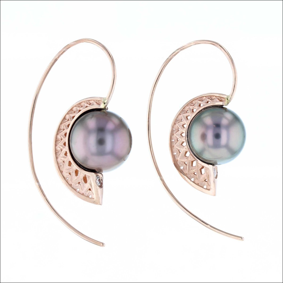 Gray Tahitian Pearl Curved Matrix Wire Earrings 14K Rose - Jewelsmith - Durham NC - Handcrafted - Earrings
