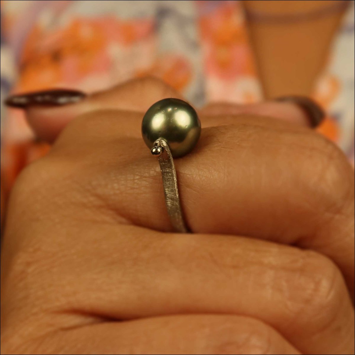 Green Tahitian Pearl Forged Ring 14KW - JewelsmithRings