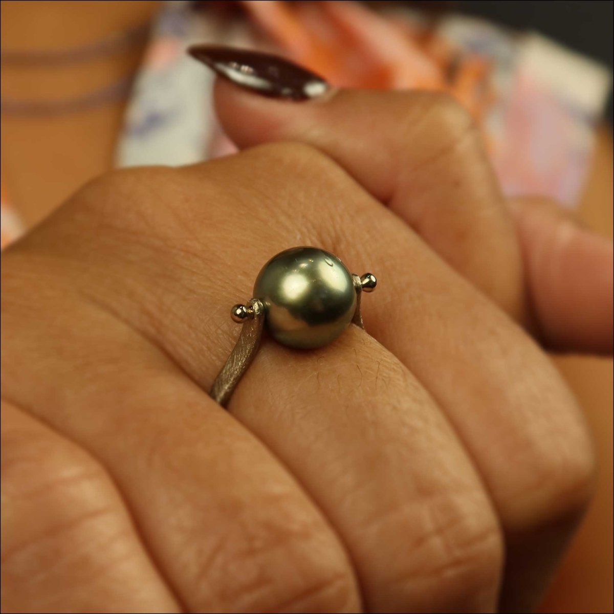 Green Tahitian Pearl Forged Ring 14KW - JewelsmithRings