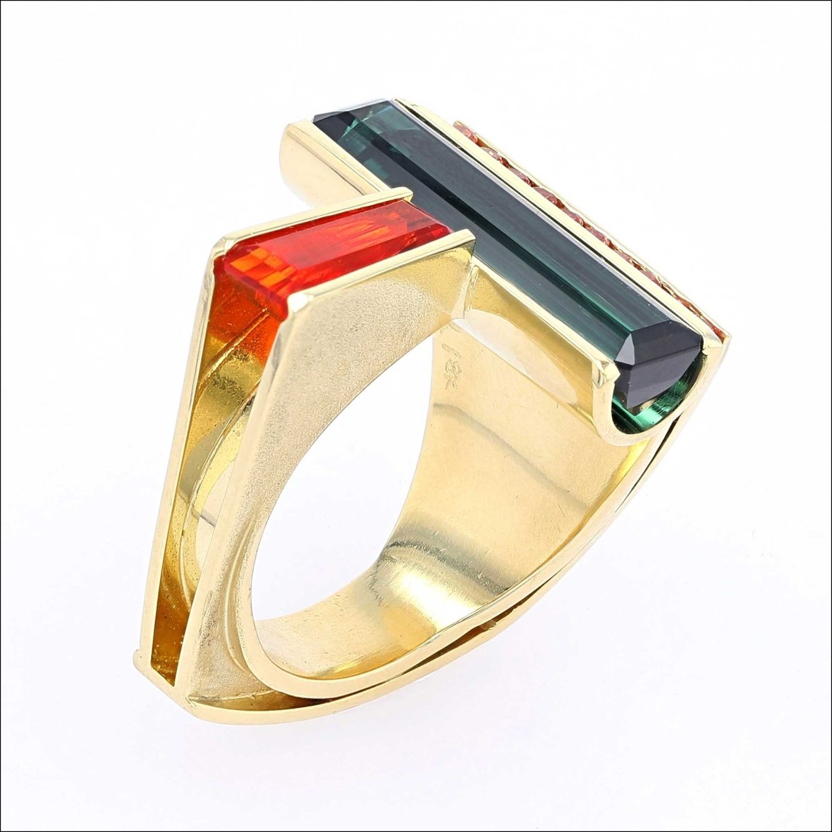 Green Tourmaline Fire Opal Orange Sapphire Ring 18KY - AGTA Spectrum Award Winner! - JewelsmithRings