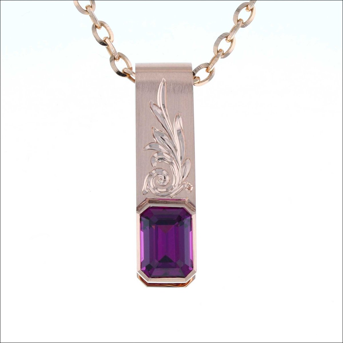 Hand Engraved Purple Garnet Foldover Pendant 14K Rose - JewelsmithPendants
