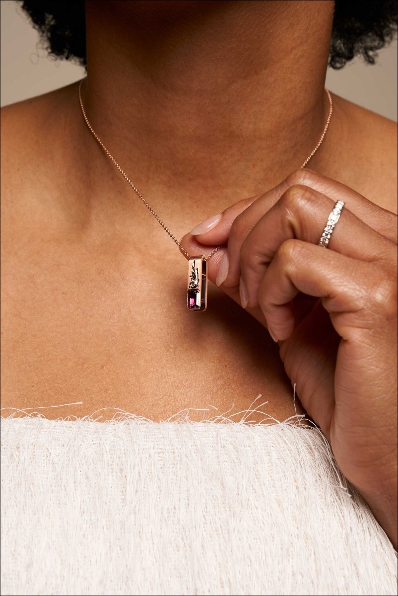 Hand Engraved Purple Garnet Foldover Pendant 14K Rose - JewelsmithPendants