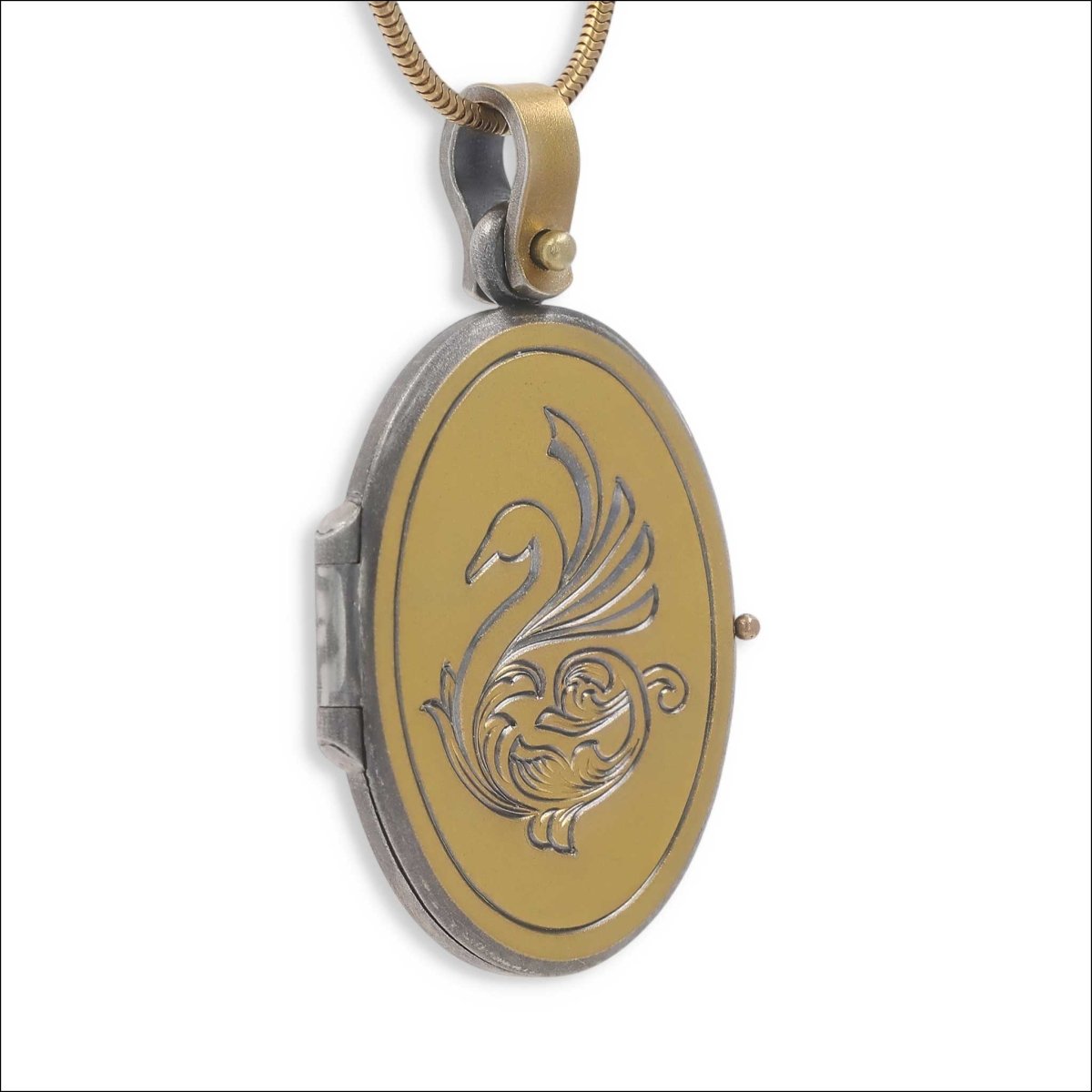 Hand Engraved Swan Locket Pendant Sterling Silver/22KY Bimetal 18KY Sterling Silver - JewelsmithPendants