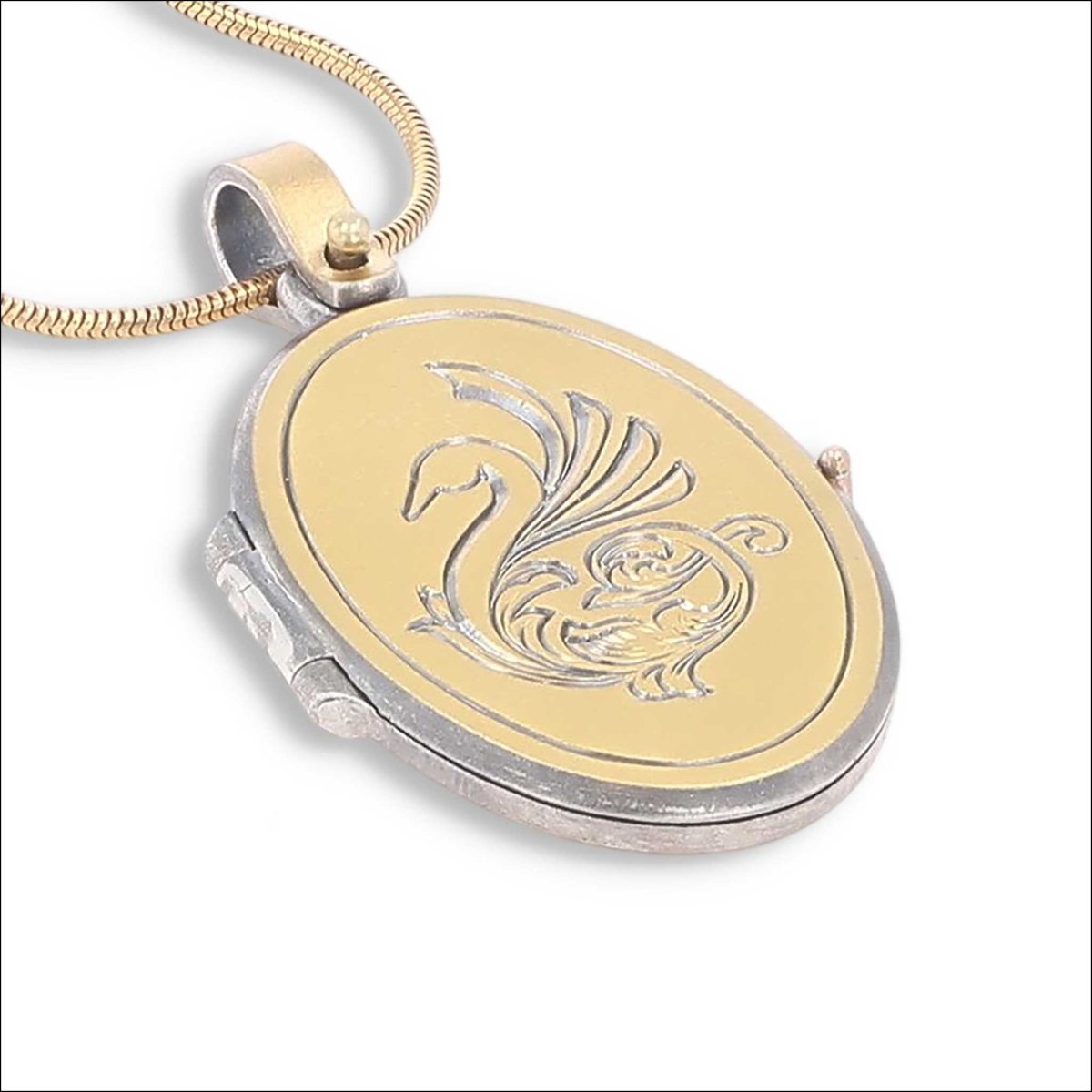 Hand Engraved Swan Locket Pendant Sterling Silver/22KY Bimetal 18KY Sterling Silver - JewelsmithPendants