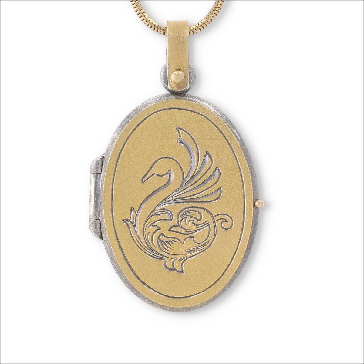 Hand Engraved Swan Locket Pendant Sterling Silver/22KY Bimetal 18KY Sterling Silver - JewelsmithPendants